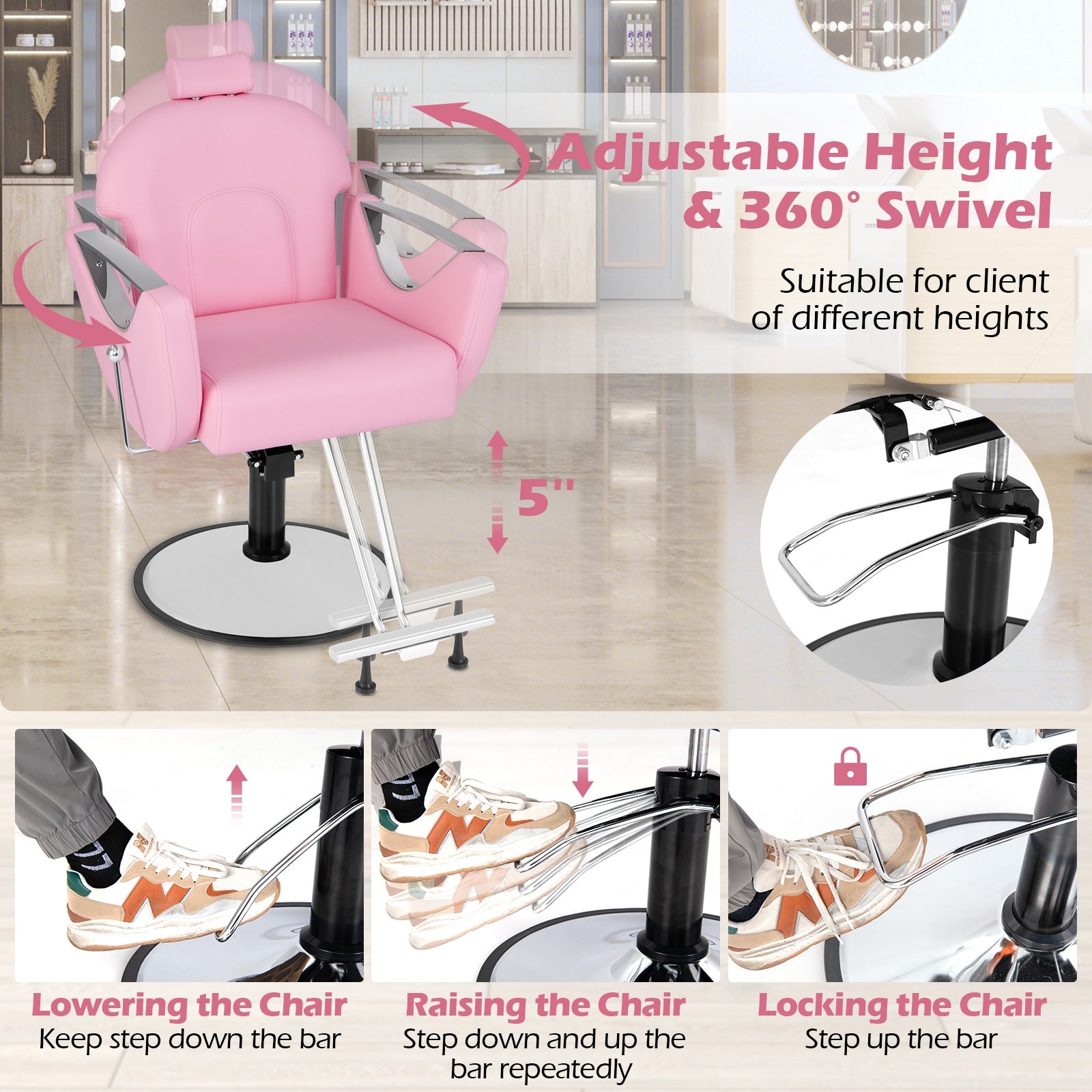 360°Swivel Reclining Salon Chair for Hair Stylist, Pink Spa & Salon   at Gallery Canada