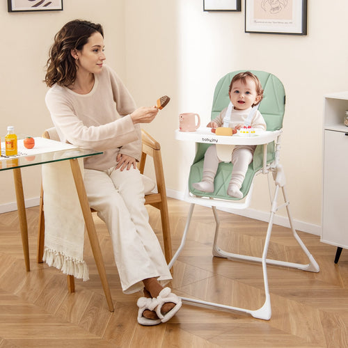 Easy Clean Compact Highchair with Removable Adjustable Tray and PU Seat Cushion, Green