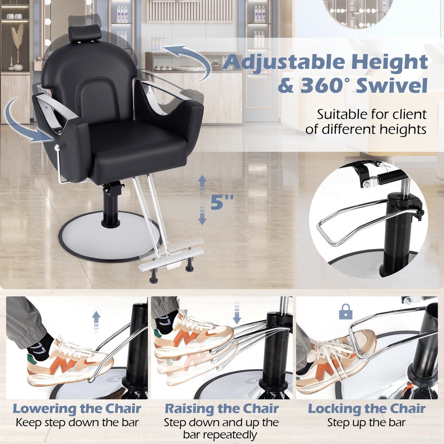 360°Swivel Reclining Salon Chair for Hair Stylist, Black Spa & Salon   at Gallery Canada