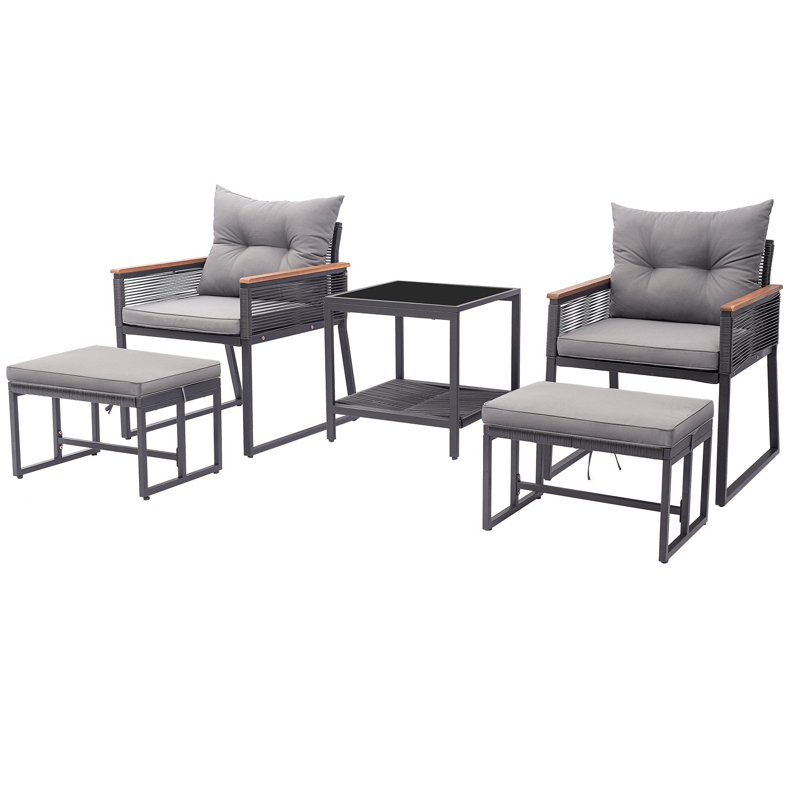 5 Piece Outdoor Rattan Conversation Set with 2-Layer Side Table and 2 Ottomans, Gray Patio Conversation Sets Gray  at Gallery Canada