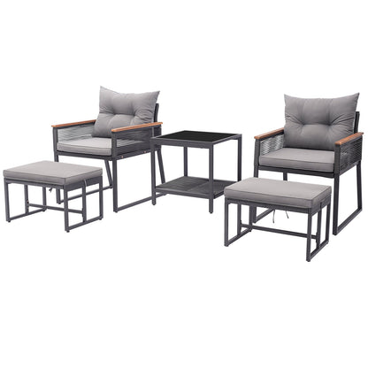 5 Piece Outdoor Rattan Conversation Set with 2-Layer Side Table and 2 Ottomans, Gray Patio Conversation Sets Gray  at Gallery Canada