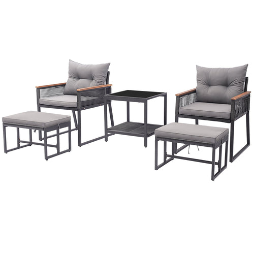 5 Piece Outdoor Rattan Conversation Set with 2-Layer Side Table and 2 Ottomans, Gray