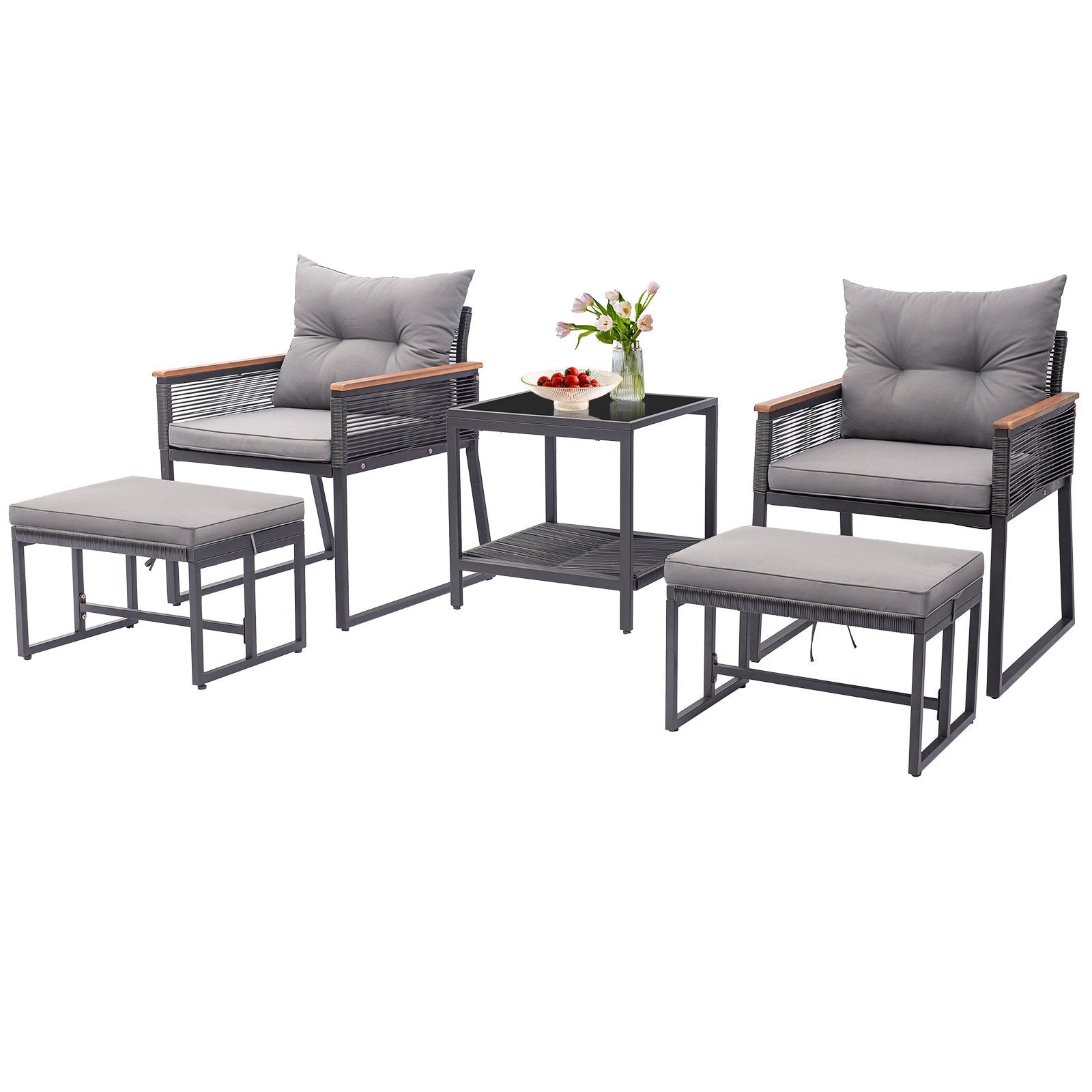 5 Piece Outdoor Rattan Conversation Set with 2-Layer Side Table and 2 Ottomans, Gray Patio Conversation Sets   at Gallery Canada