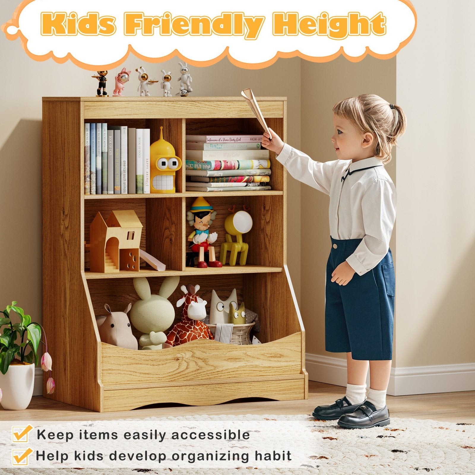 3-Tier Children's Multi-Functional Bookcase Toy Storage Bin Floor Cabinet, Natural Kids Storage at Gallery Canada