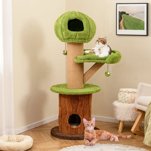 Mushroom Cat Tree for Indoor Cats with 2 Cute Condos Plush Perch and Teasing Balls, Green