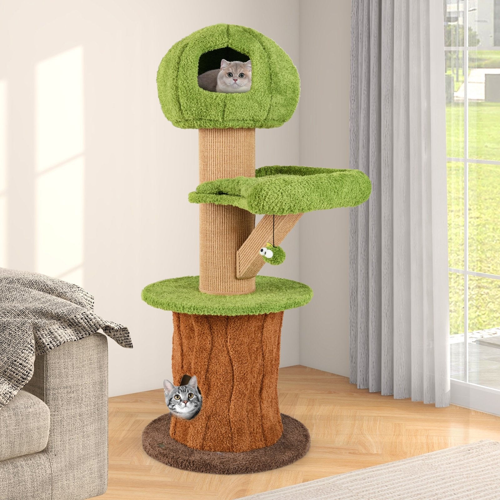 Mushroom Cat Tree for Indoor Cats with 2 Cute Condos Plush Perch and Teasing Balls, Green Cat Trees Condos & Scratchers at Gallery Canada