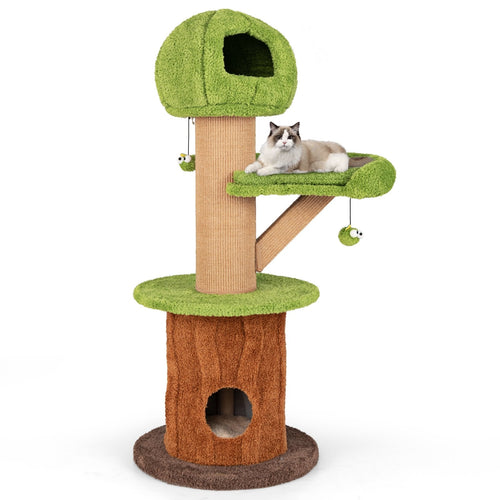 Mushroom Cat Tree for Indoor Cats with 2 Cute Condos Plush Perch and Teasing Balls, Green