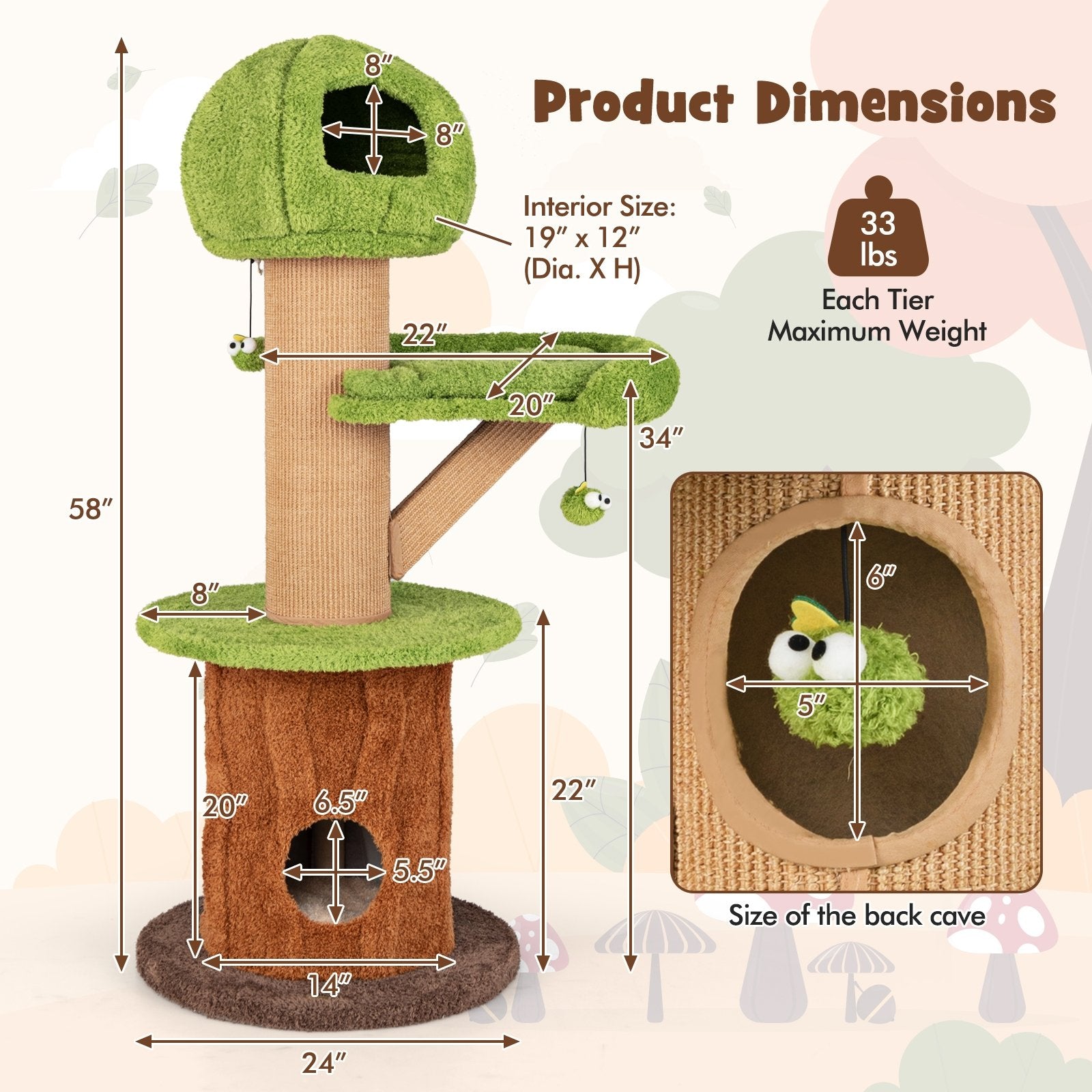 Mushroom Cat Tree for Indoor Cats with 2 Cute Condos Plush Perch and Teasing Balls, Green Cat Trees Condos & Scratchers at Gallery Canada