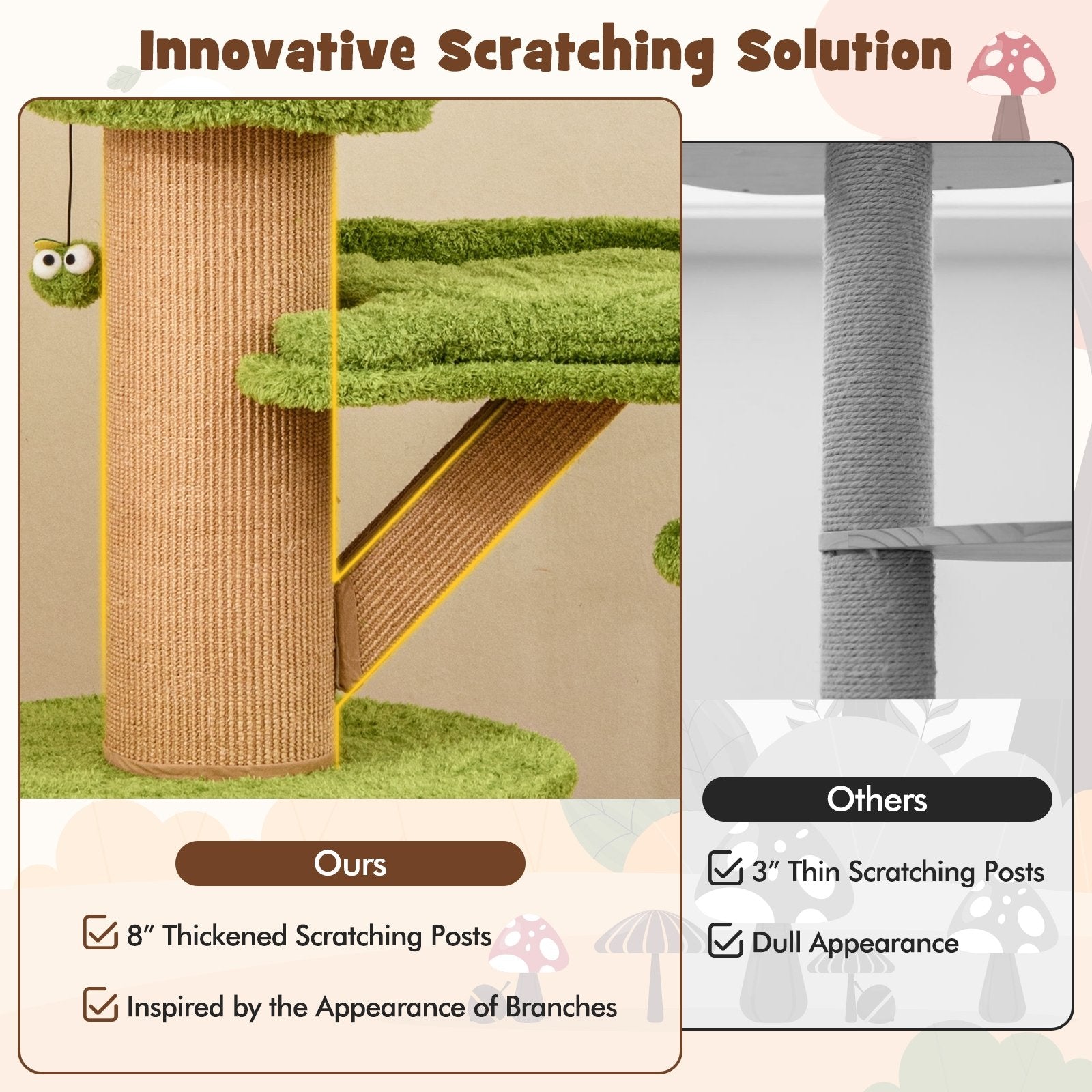 Mushroom Cat Tree for Indoor Cats with 2 Cute Condos Plush Perch and Teasing Balls, Green Cat Trees Condos & Scratchers at Gallery Canada