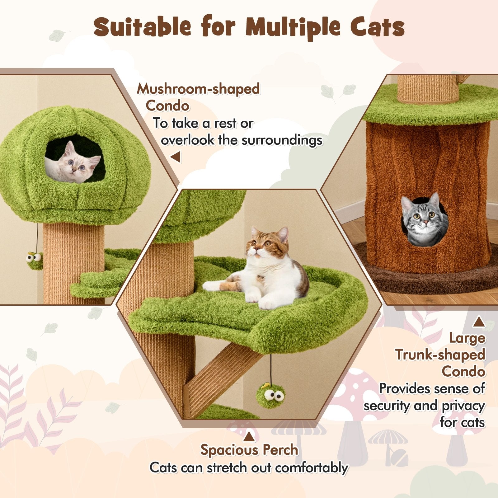 Mushroom Cat Tree for Indoor Cats with 2 Cute Condos Plush Perch and Teasing Balls, Green Cat Trees Condos & Scratchers at Gallery Canada