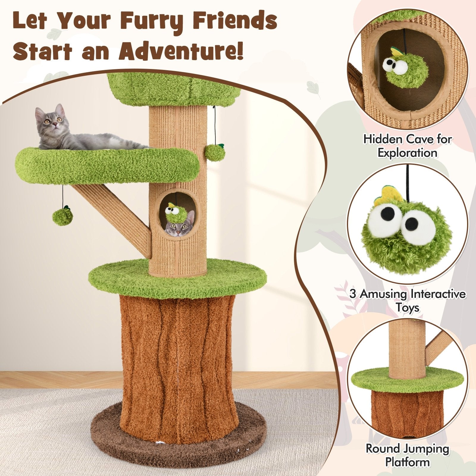 Mushroom Cat Tree for Indoor Cats with 2 Cute Condos Plush Perch and Teasing Balls, Green Cat Trees Condos & Scratchers at Gallery Canada
