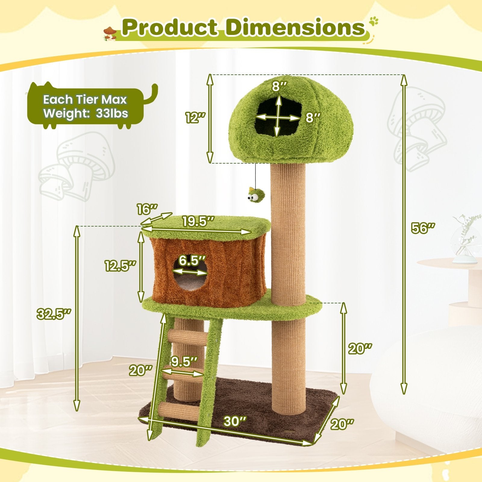 Cute Cat Tree for Indoor Cats with Mushroom-shaped Nest Condo and Climbing Ladder, Green Cat Trees Condos & Scratchers at Gallery Canada