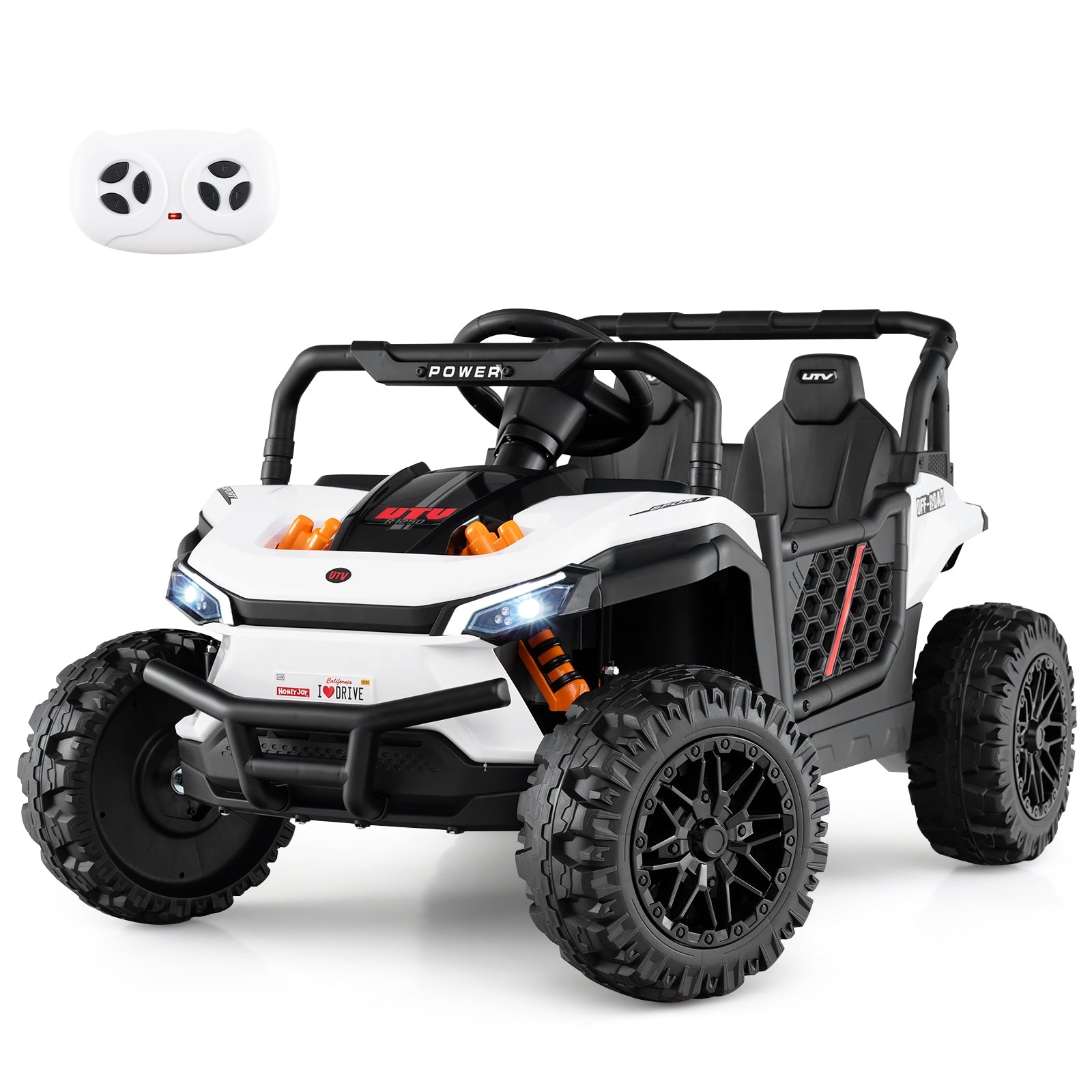 12V Kids Ride on Truck Off-Road UTV with Parental Remote and Lights, White Powered Ride On Toys White at Gallery Canada