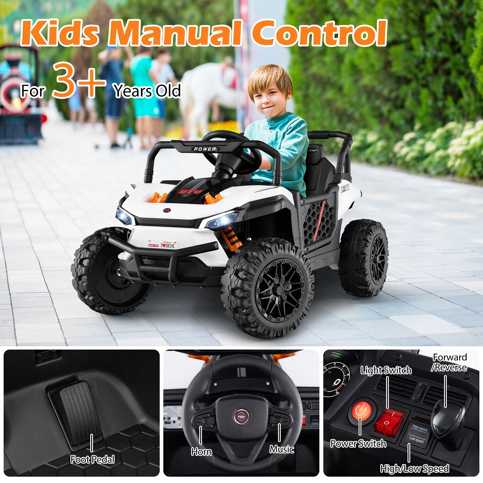 12V Kids Ride on Truck Off-Road UTV with Parental Remote and Lights, White Powered Ride On Toys at Gallery Canada