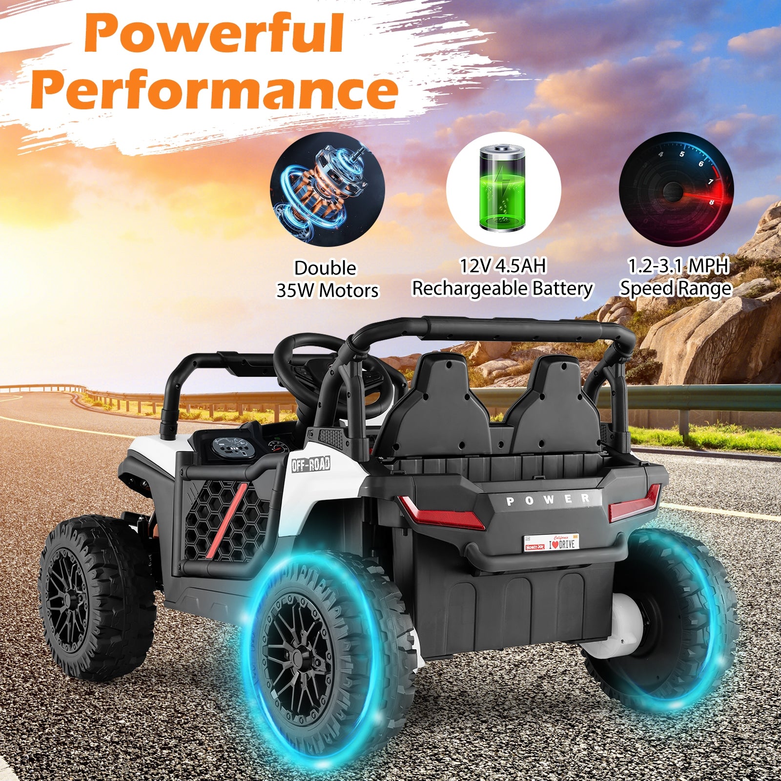 12V Kids Ride on Truck Off-Road UTV with Parental Remote and Lights, White Powered Ride On Toys at Gallery Canada