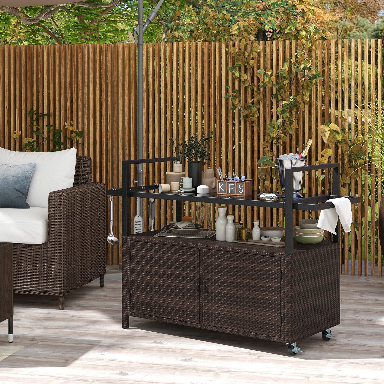 Outdoor Bar Cart Wicker Buffet Serving Cart with Cabinet and 8 Hooks, Brown Camping Furniture at Gallery Canada