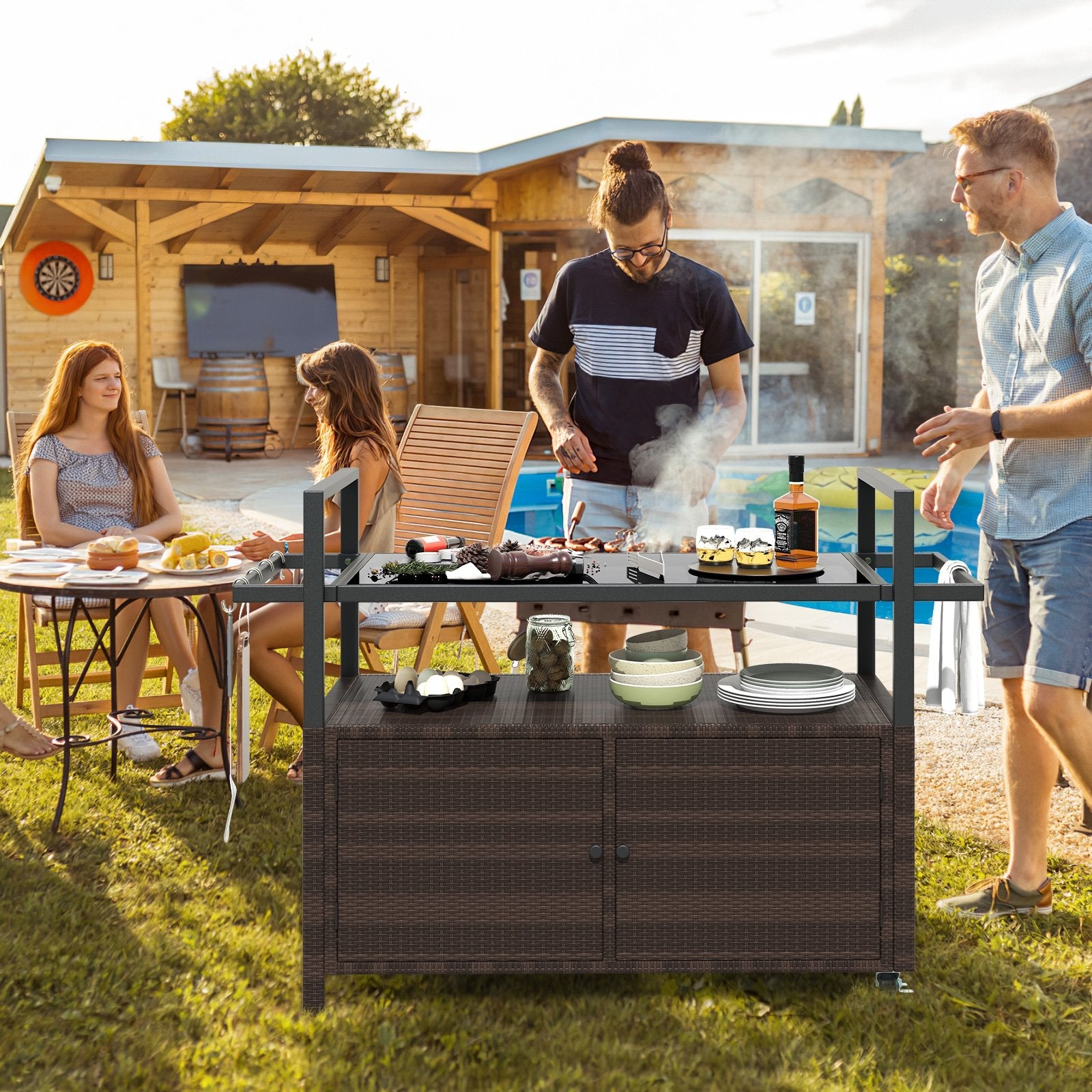 Outdoor Bar Cart Wicker Buffet Serving Cart with Cabinet and 8 Hooks, Brown Camping Furniture at Gallery Canada
