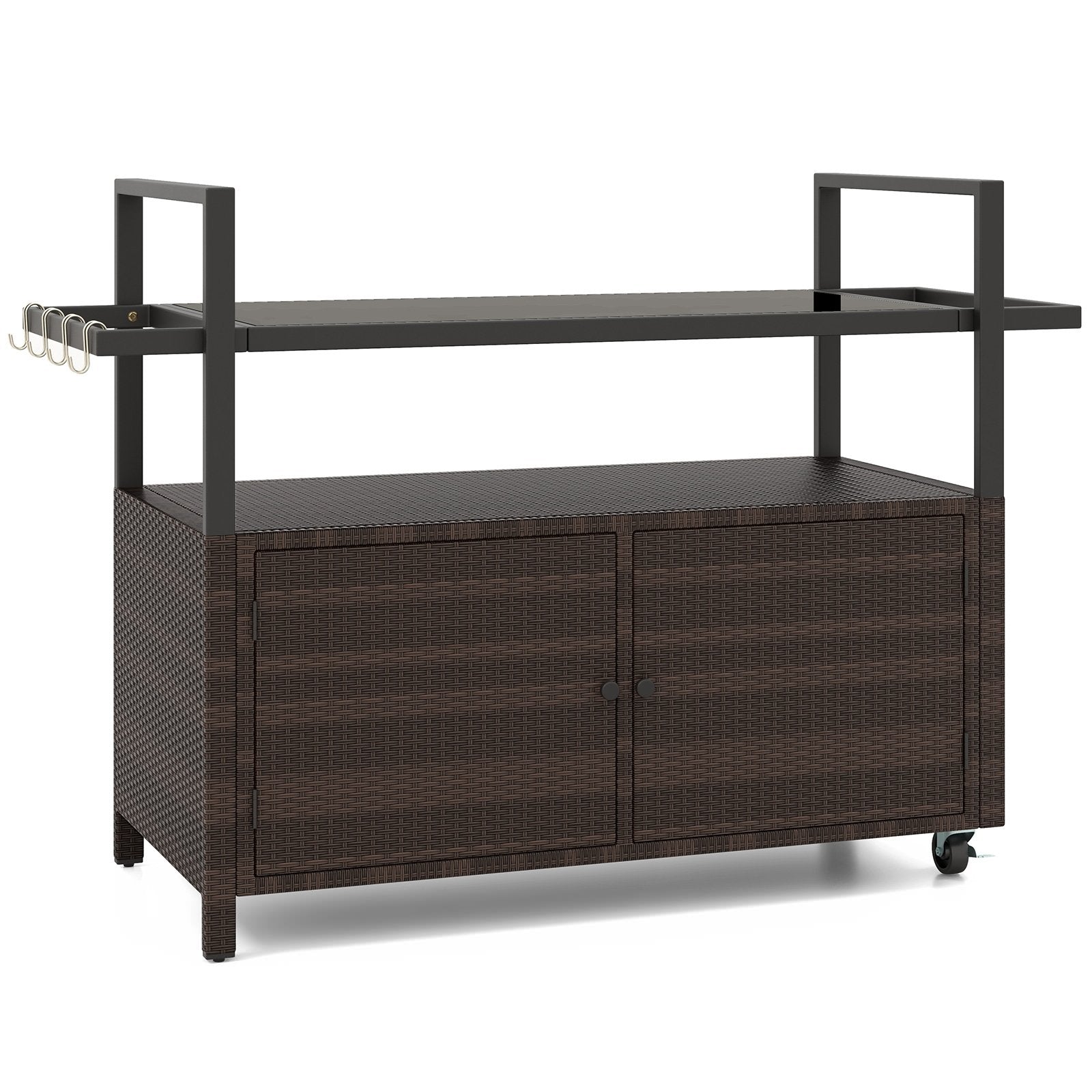 Outdoor Bar Cart Wicker Buffet Serving Cart with Cabinet and 8 Hooks, Brown Camping Furniture Brown at Gallery Canada