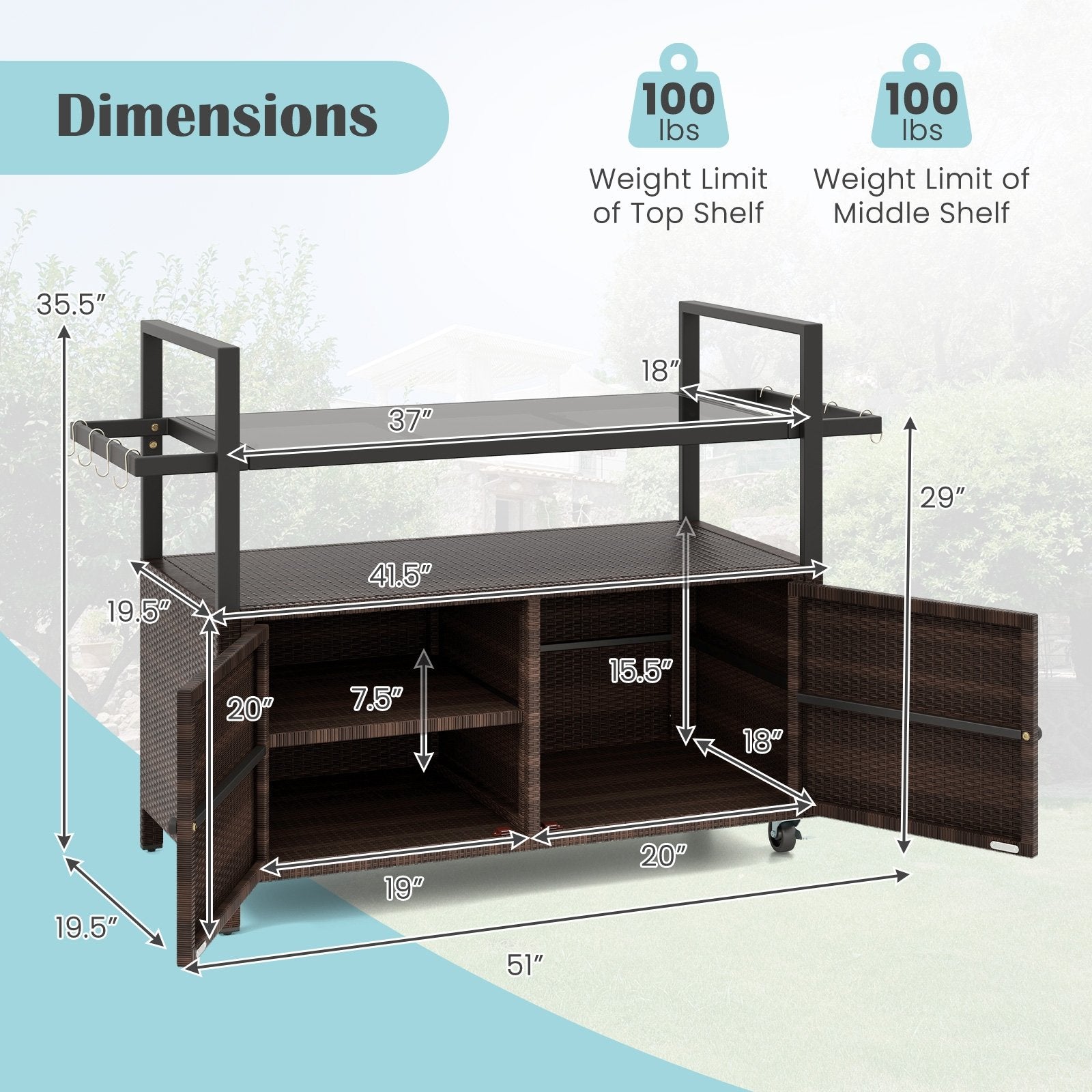 Outdoor Bar Cart Wicker Buffet Serving Cart with Cabinet and 8 Hooks, Brown Camping Furniture at Gallery Canada