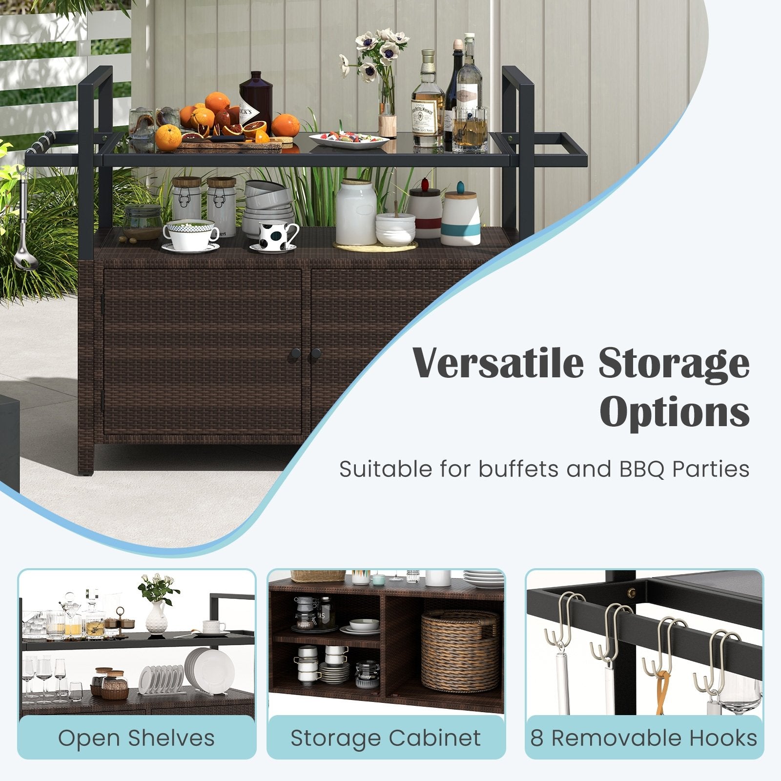 Outdoor Bar Cart Wicker Buffet Serving Cart with Cabinet and 8 Hooks, Brown Camping Furniture at Gallery Canada