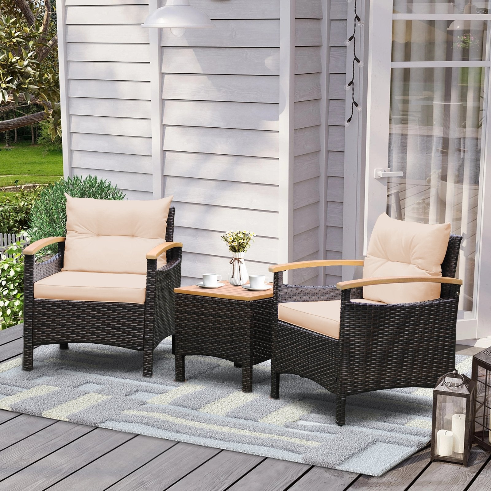 3 Pieces Patio Rattan Furniture Set with Removable Cushions, Beige Patio Conversation Sets   at Gallery Canada