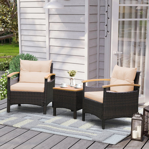 3 Pieces Patio Rattan Furniture Set with Removable Cushions, Beige