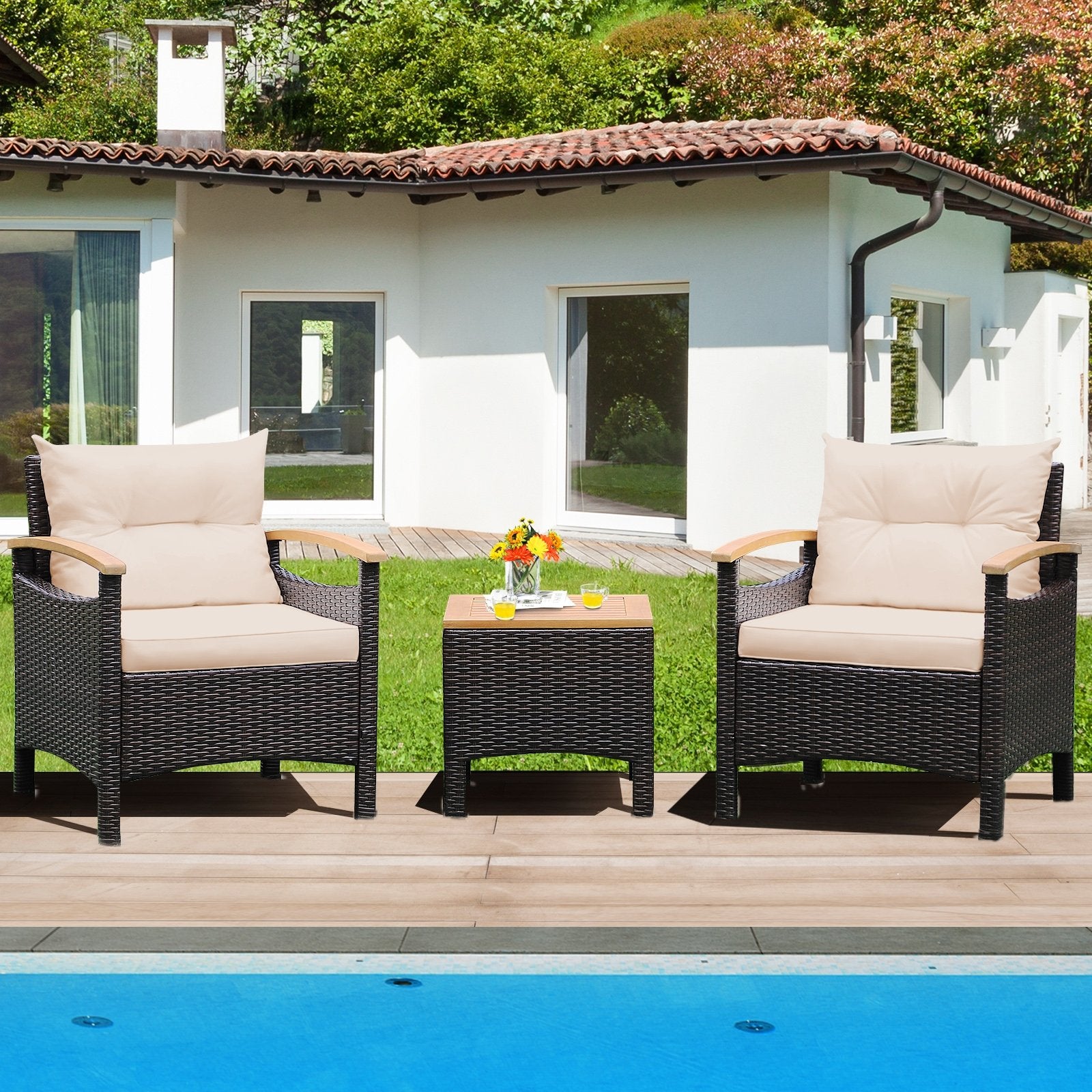 3 Pieces Patio Rattan Furniture Set with Removable Cushions, Beige Patio Conversation Sets   at Gallery Canada