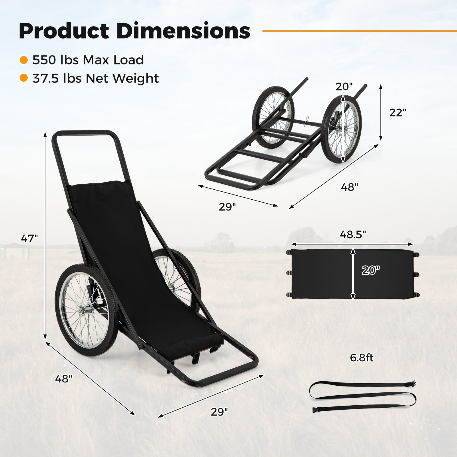 550 LBS Folding Deer Game Cart with Polyester Liner for Hunting, Black Garages at Gallery Canada