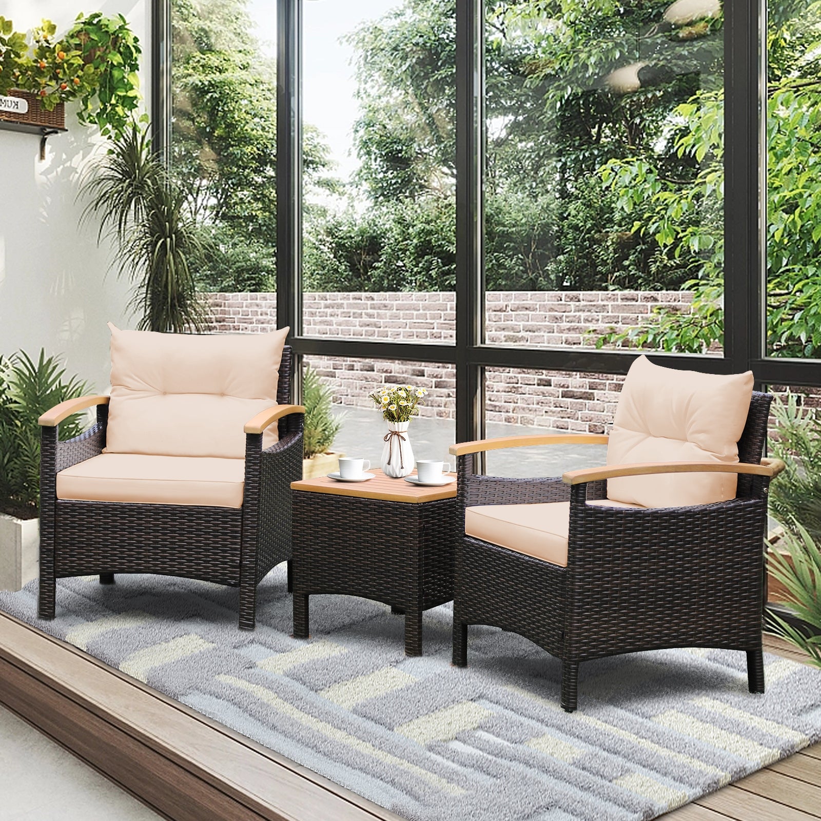 3 Pieces Patio Rattan Furniture Set with Removable Cushions, Beige Patio Conversation Sets   at Gallery Canada