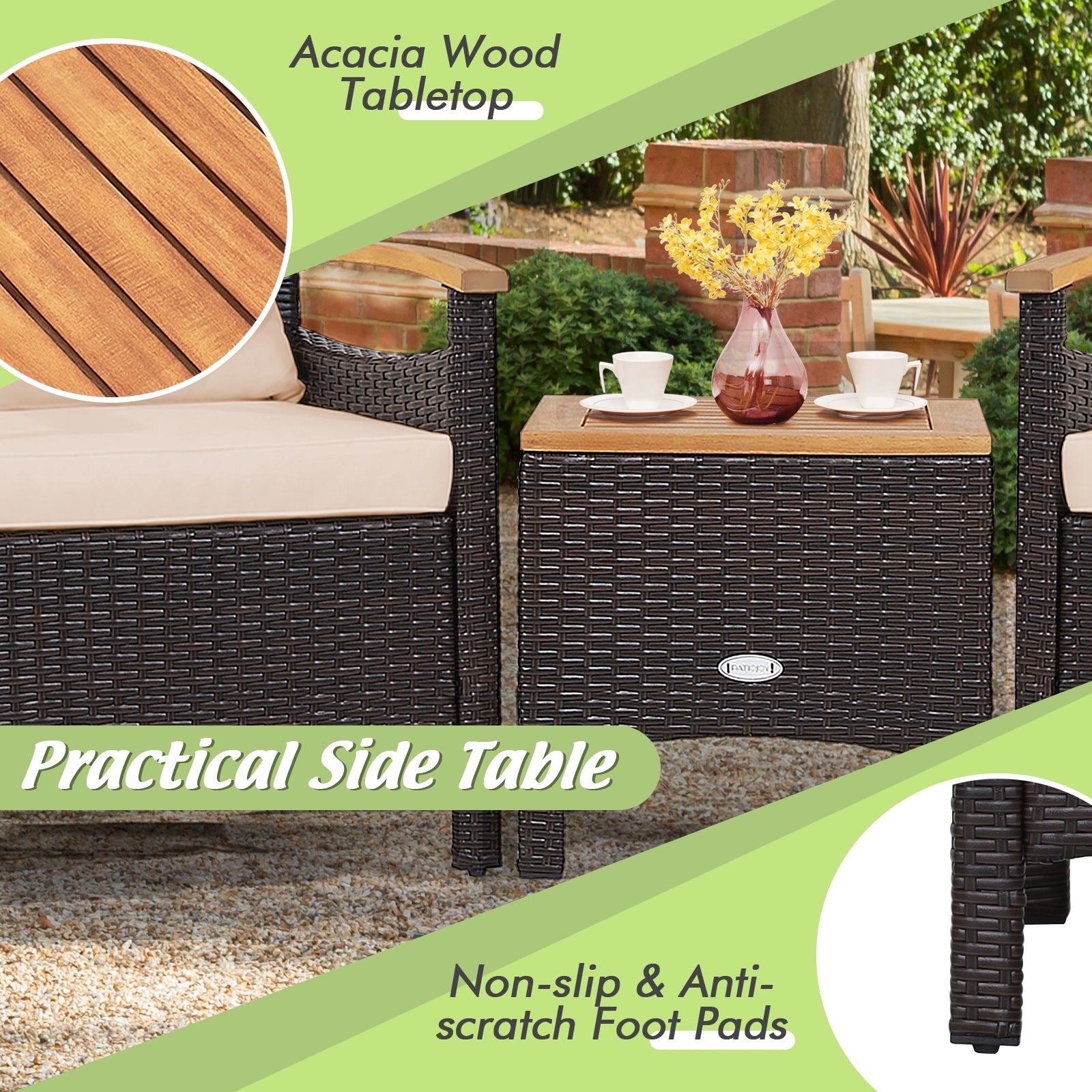 3 Pieces Patio Rattan Furniture Set with Removable Cushions, Beige Patio Conversation Sets   at Gallery Canada