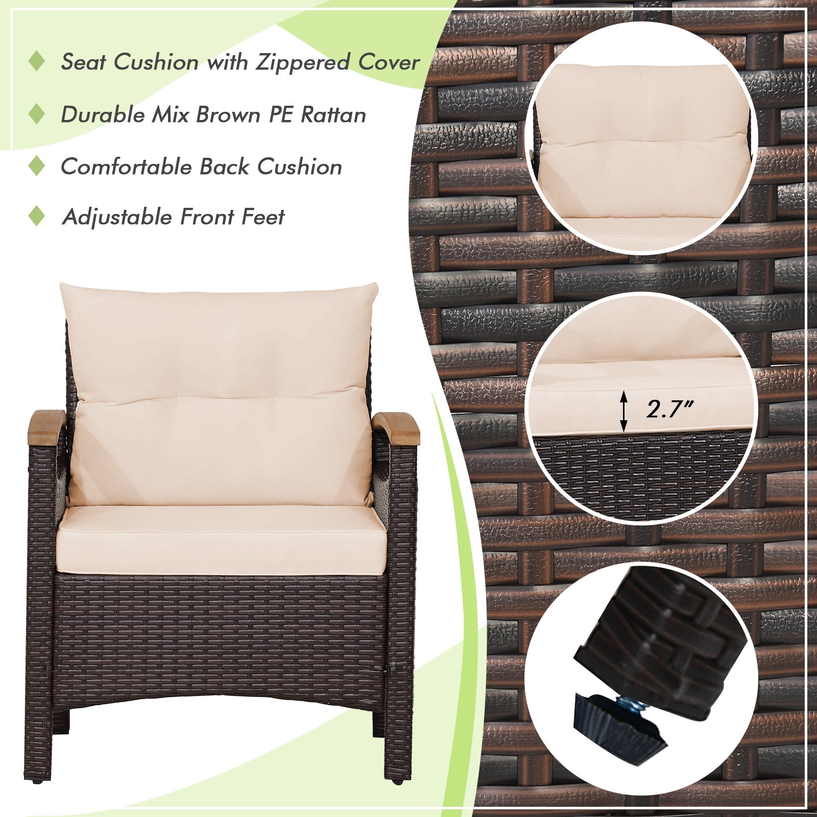 3 Pieces Patio Rattan Furniture Set with Removable Cushions, Beige Patio Conversation Sets   at Gallery Canada