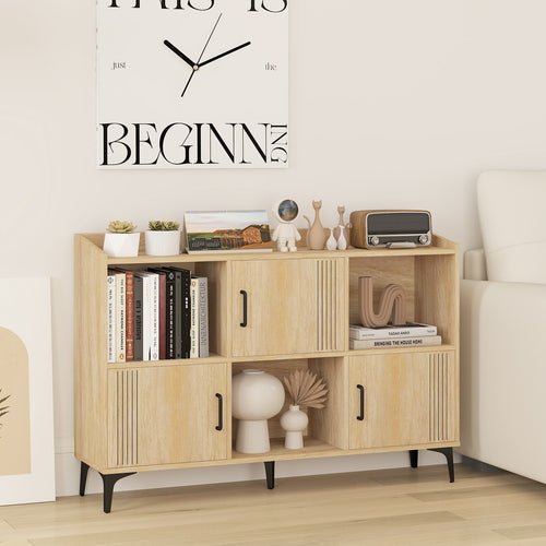 Sideboard Storage Cabinet Bookcase with 3 Doors and Open Compartments, Oak