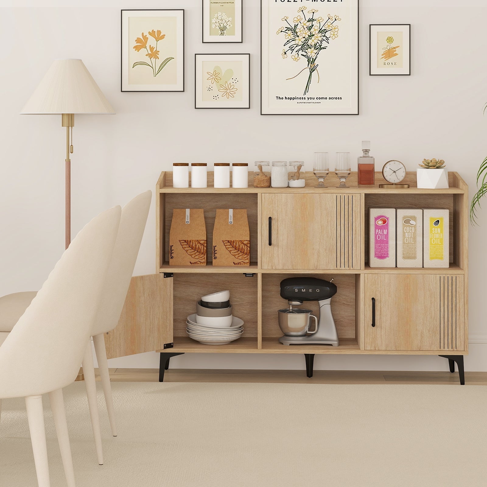 Sideboard Storage Cabinet Bookcase with 3 Doors and Open Compartments, Oak Cabinets & Chests at Gallery Canada