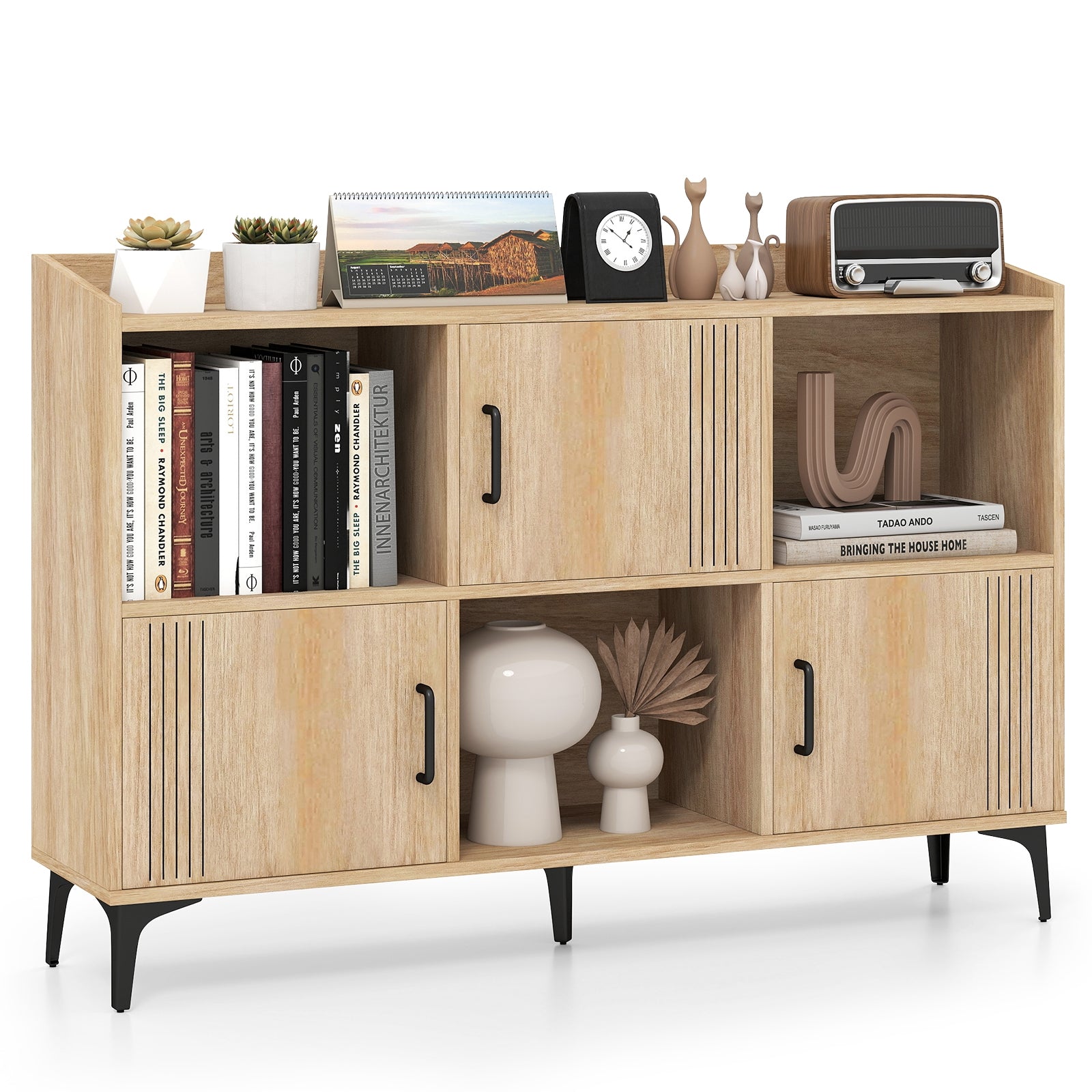 Sideboard Storage Cabinet Bookcase with 3 Doors and Open Compartments, Oak Cabinets & Chests at Gallery Canada