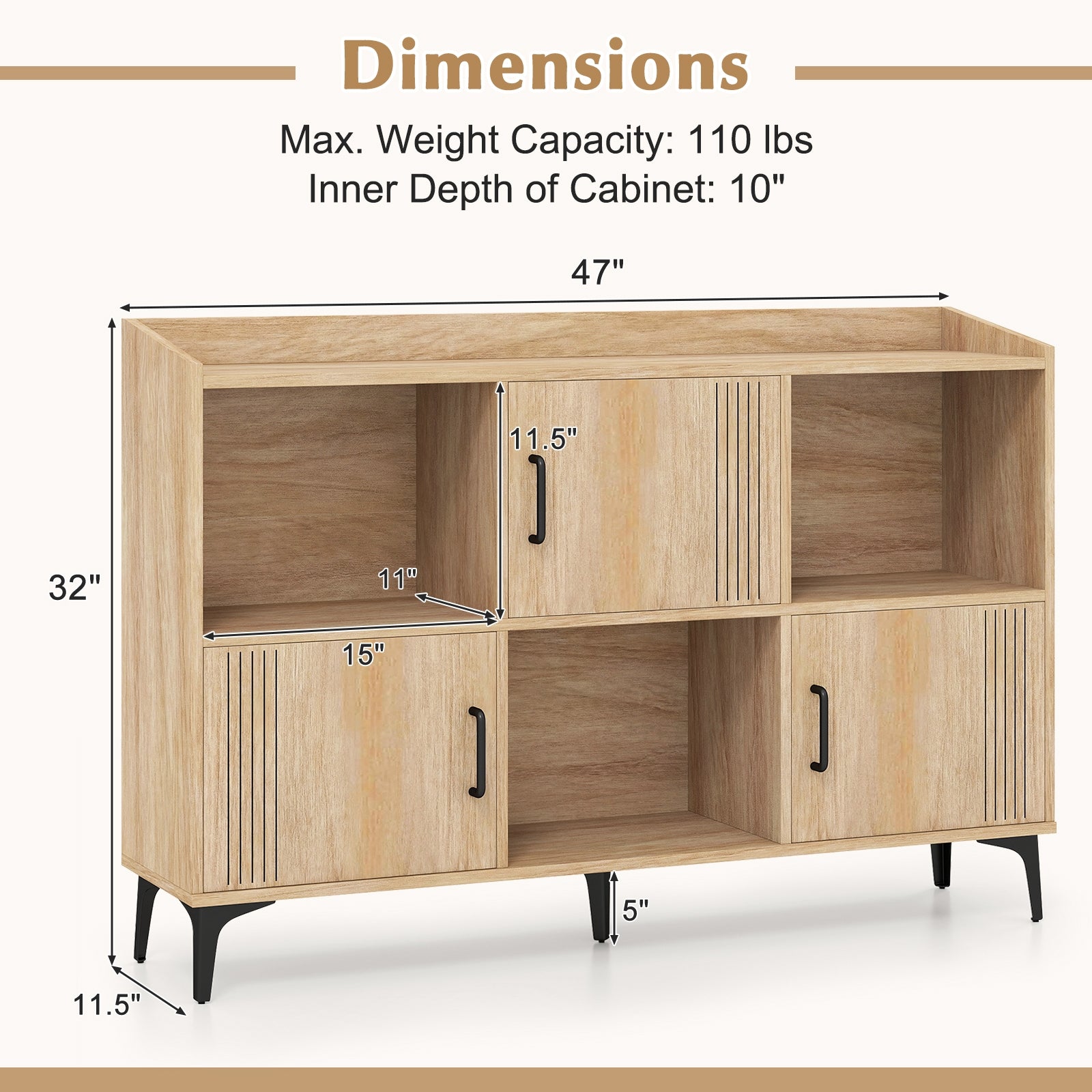 Sideboard Storage Cabinet Bookcase with 3 Doors and Open Compartments, Oak Cabinets & Chests at Gallery Canada