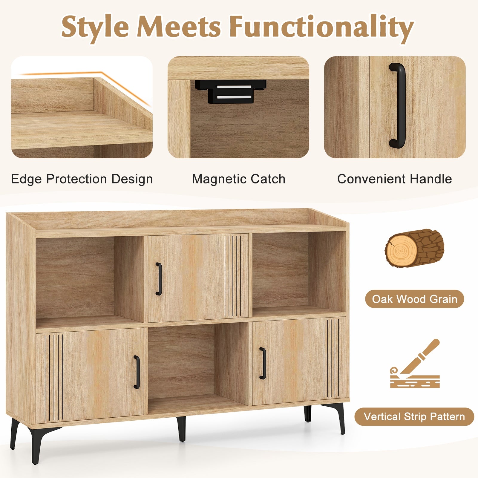Sideboard Storage Cabinet Bookcase with 3 Doors and Open Compartments, Oak Cabinets & Chests at Gallery Canada
