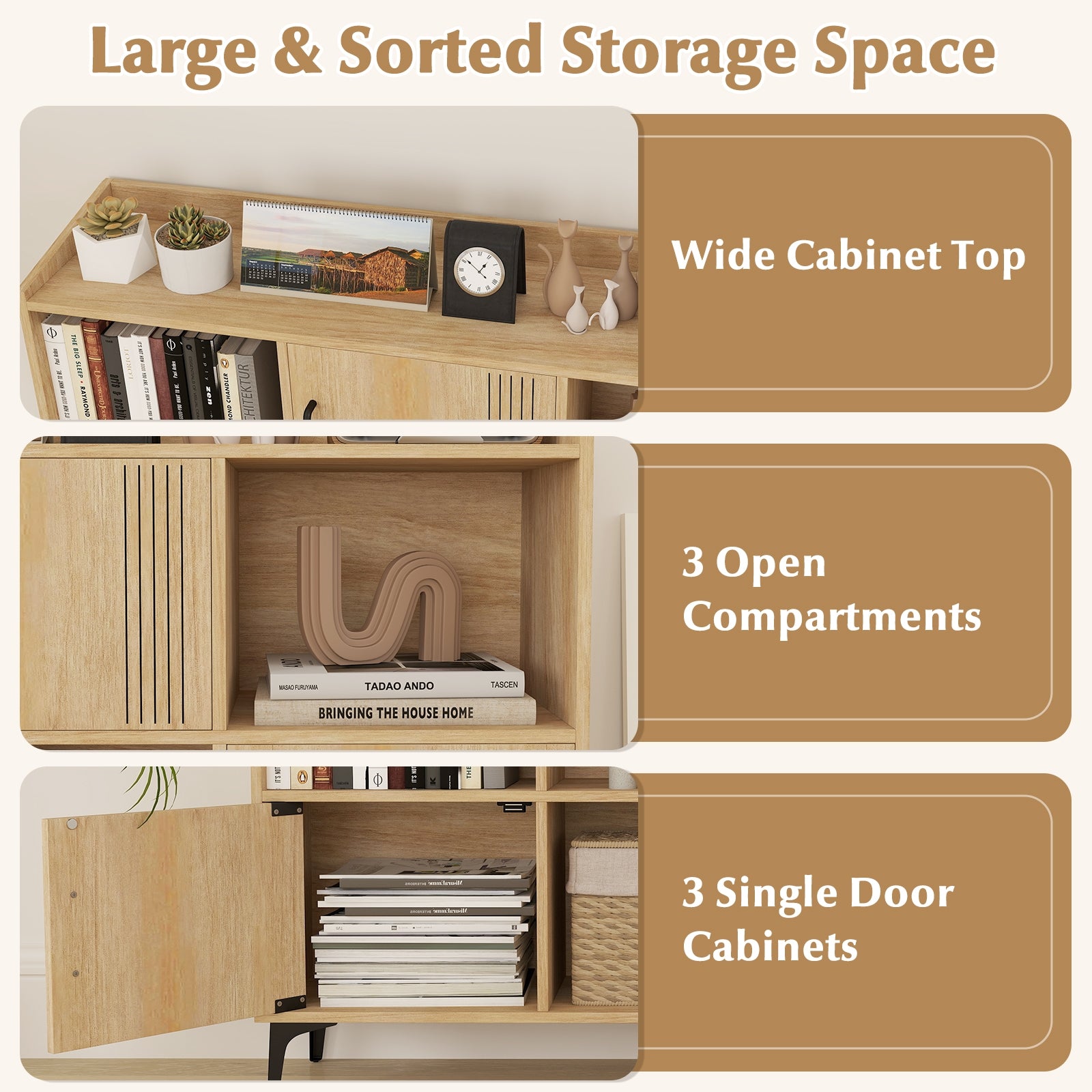 Sideboard Storage Cabinet Bookcase with 3 Doors and Open Compartments, Oak Cabinets & Chests at Gallery Canada