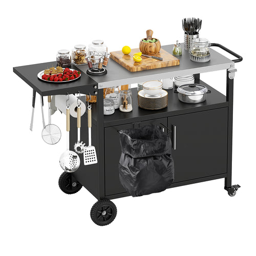 Outdoor Grill Cart with Storage and Folding Stainless Steel Top, Black