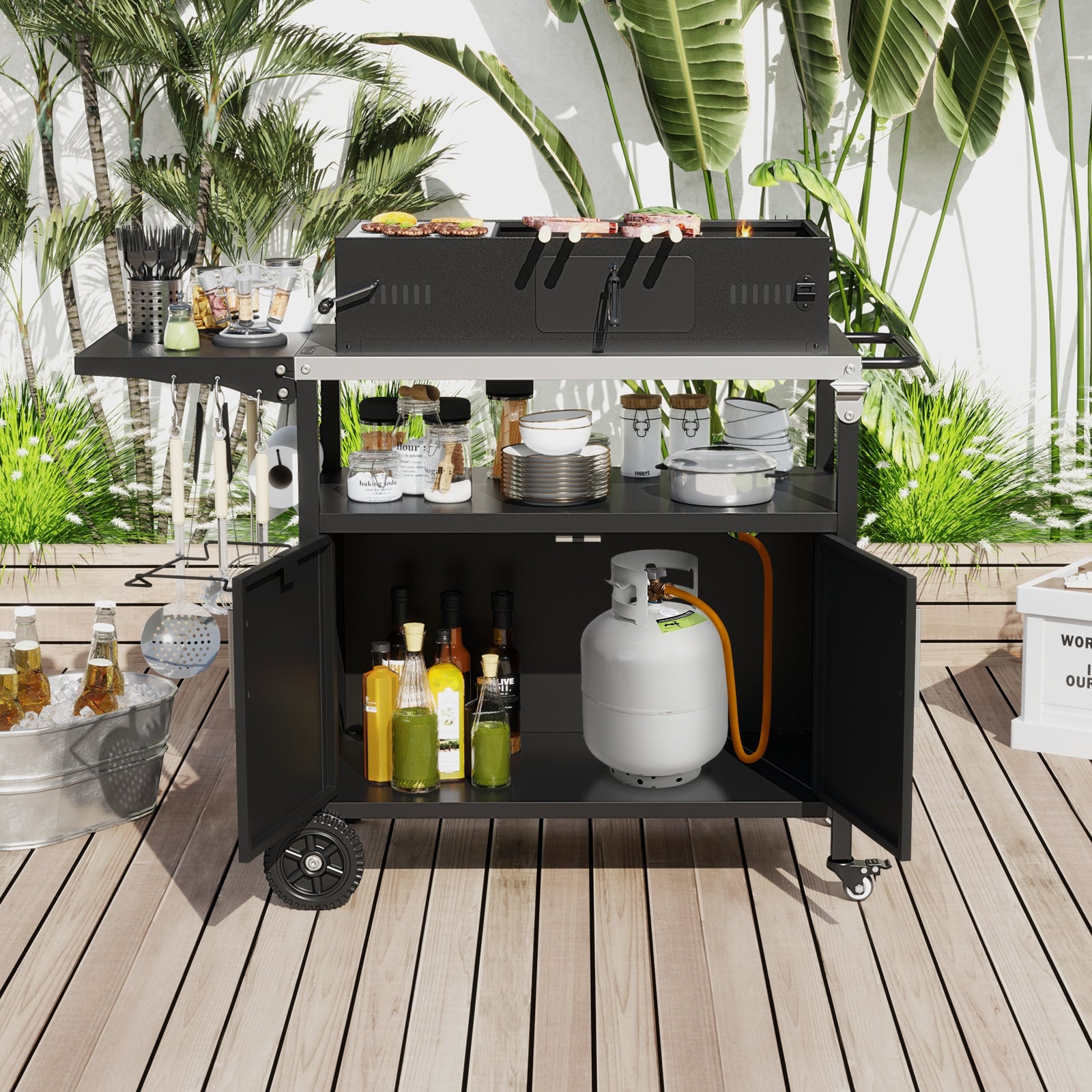Outdoor Grill Cart with Storage and Folding Stainless Steel Top, Black Outdoor Grills at Gallery Canada