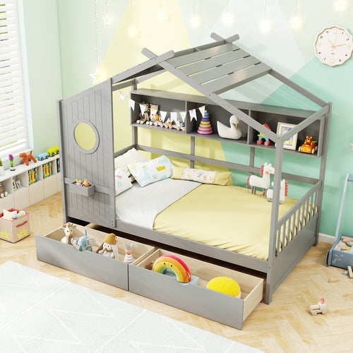Twin Size House Bed with 2 Storage Drawers and Fence Guardrails, Gray