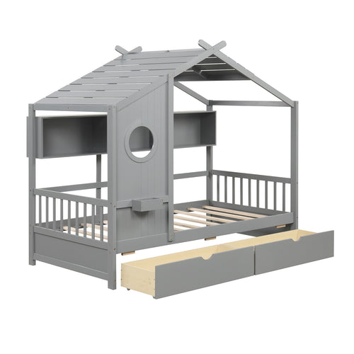 Twin Size House Bed with 2 Storage Drawers and Fence Guardrails, Gray