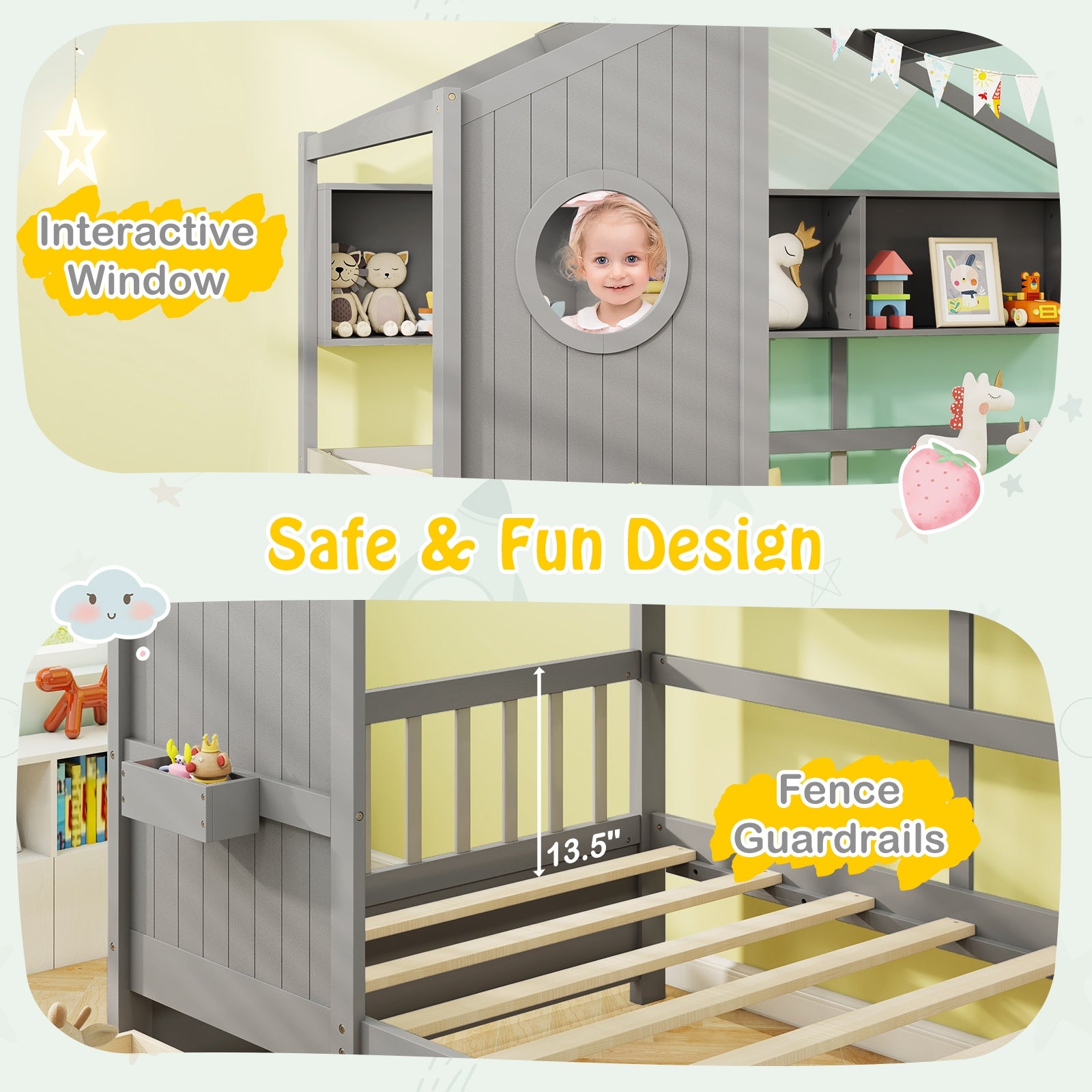 Twin Size House Bed with 2 Storage Drawers and Fence Guardrails, Gray Simple Bed Frame at Gallery Canada