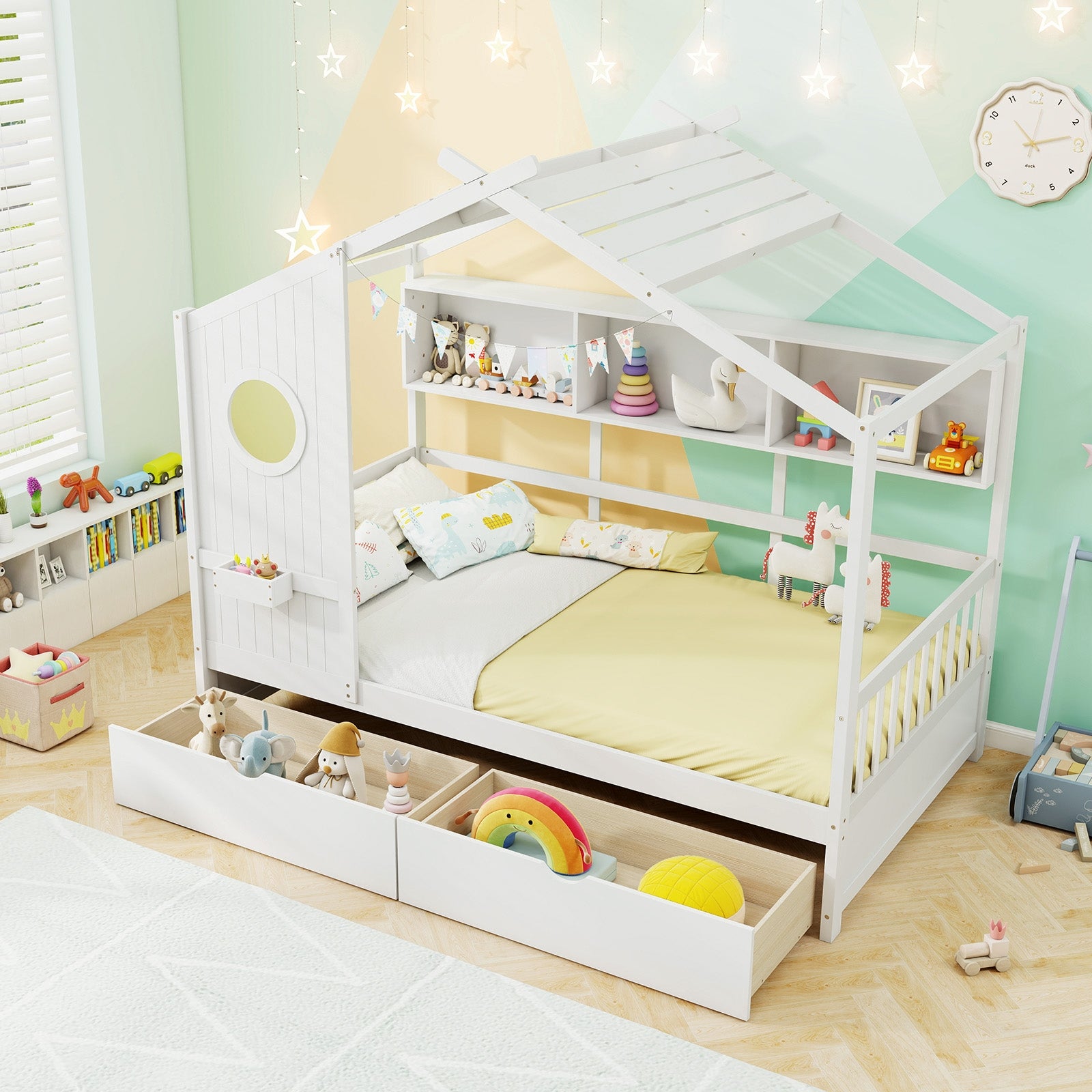Twin Size House Bed with 2 Storage Drawers and Fence Guardrails, White Simple Bed Frame at Gallery Canada