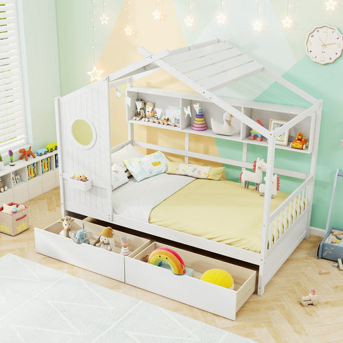 Twin Size House Bed with 2 Storage Drawers and Fence Guardrails, White
