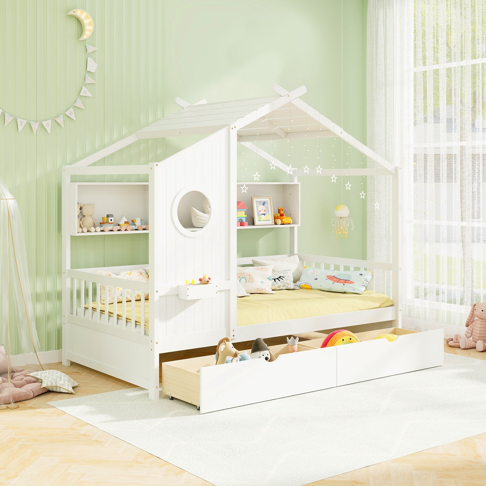 Twin Size House Bed with 2 Storage Drawers and Fence Guardrails, White Simple Bed Frame at Gallery Canada