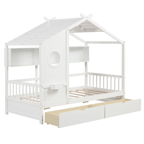 Twin Size House Bed with 2 Storage Drawers and Fence Guardrails, White