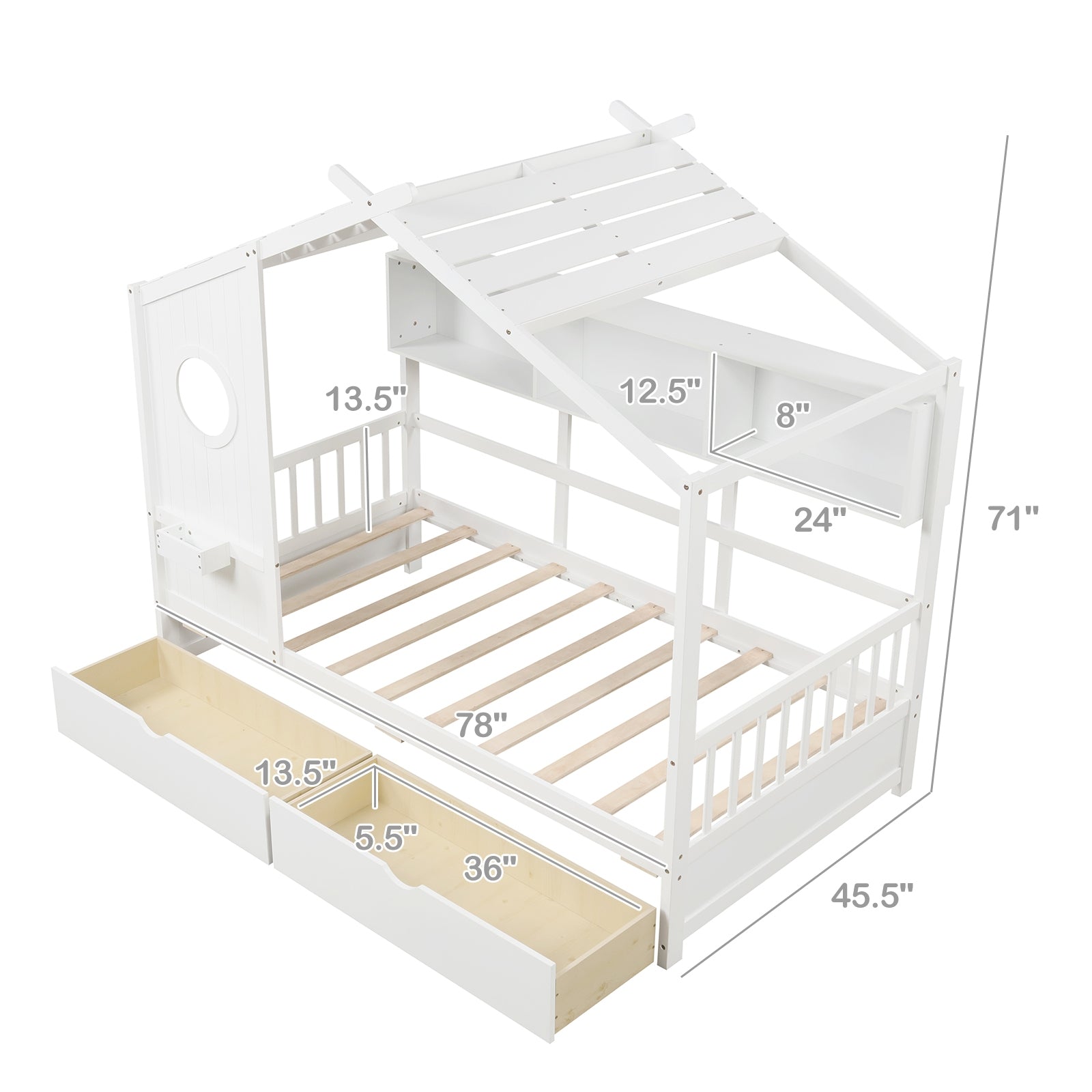 Twin Size House Bed with 2 Storage Drawers and Fence Guardrails, White Simple Bed Frame at Gallery Canada