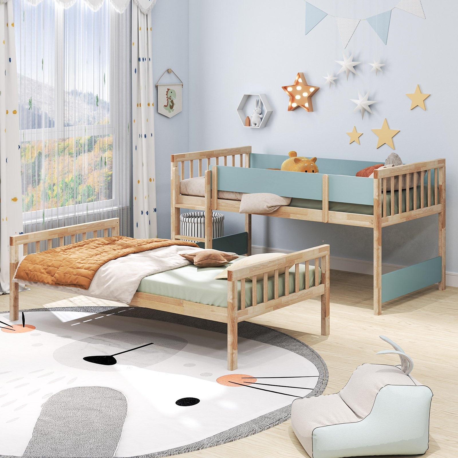 Twin Over Twin Bunk Bed with Ladder and Full-length Guardrails, Natural Bunk Bed Frame at Gallery Canada