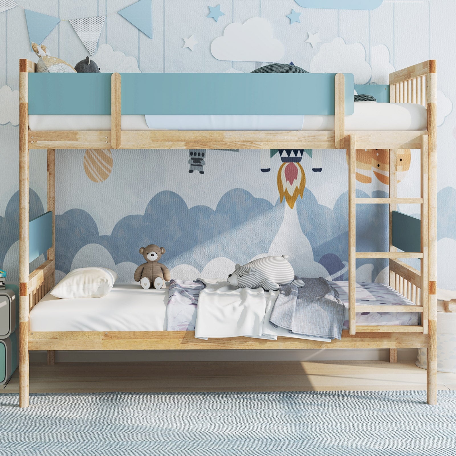Twin Over Twin Bunk Bed with Ladder and Full-length Guardrails, Natural Bunk Bed Frame at Gallery Canada