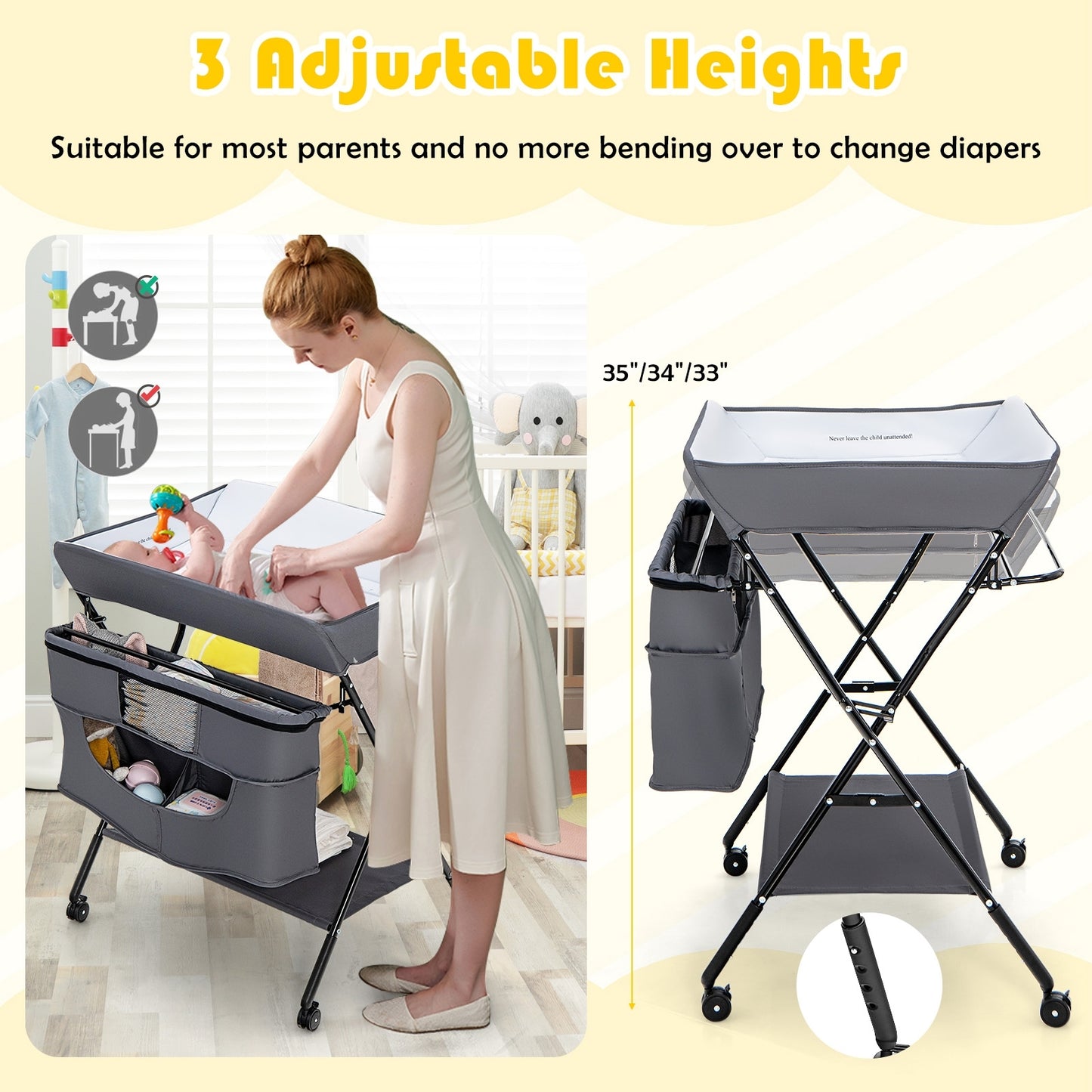 Portable Adjustable Height Newborn Nursery Organizer with wheel, Gray Changing Tables   at Gallery Canada